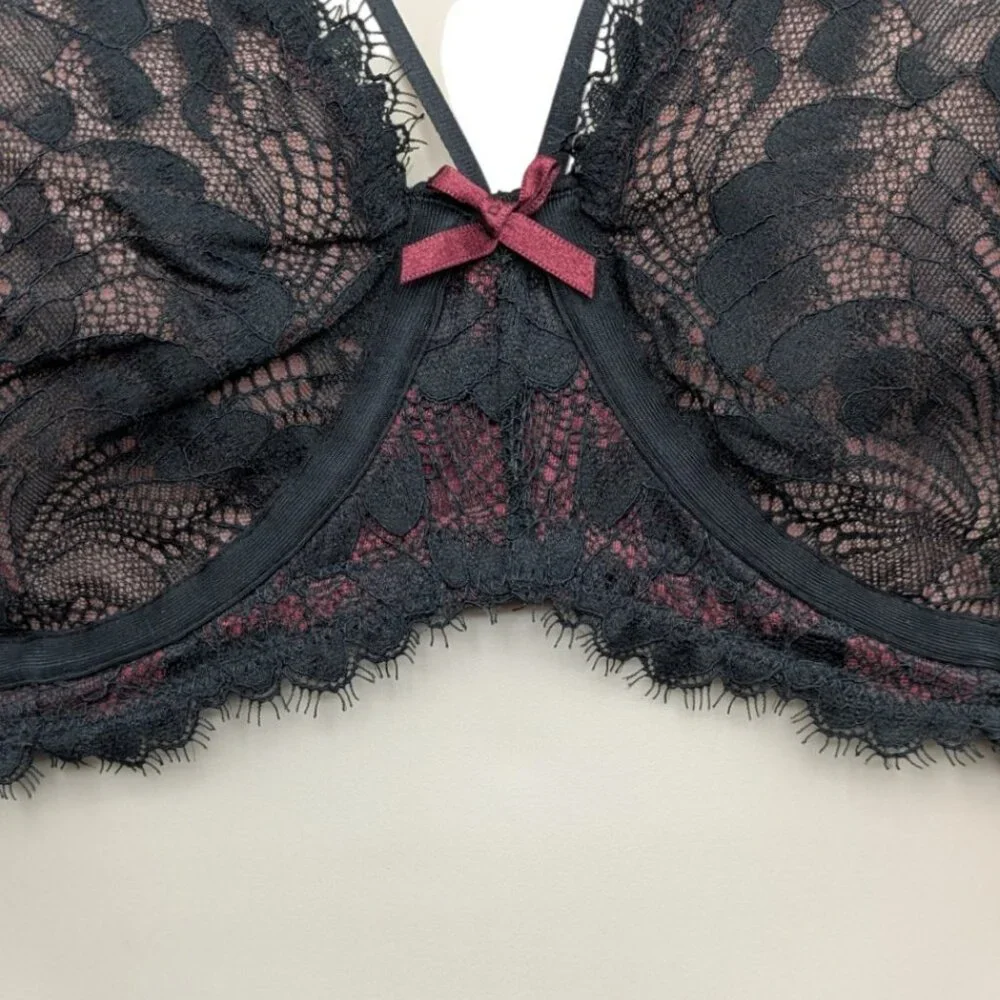Cacique Womens Balconette Bra 42D Black Red Lace Underwire Unlined - Picture 6 of 10